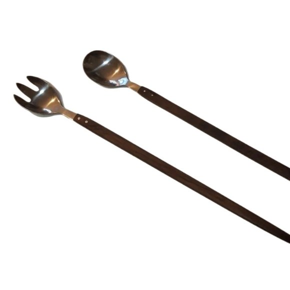 Vintage Danish 1960’s MCM Teak Stainless Steel Salad Serving Utensils Nice - Picture 1 of 4